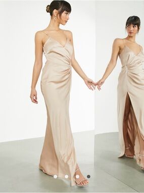 ASOS Champagne Satin Slip Maxi Dress with Side Twist